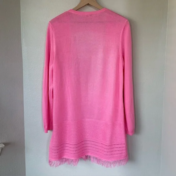 TALBOTS XL Textured Fringe Cardigan in Hot Pink • Open Front Spring Lightweight - Picture 5 of 10
